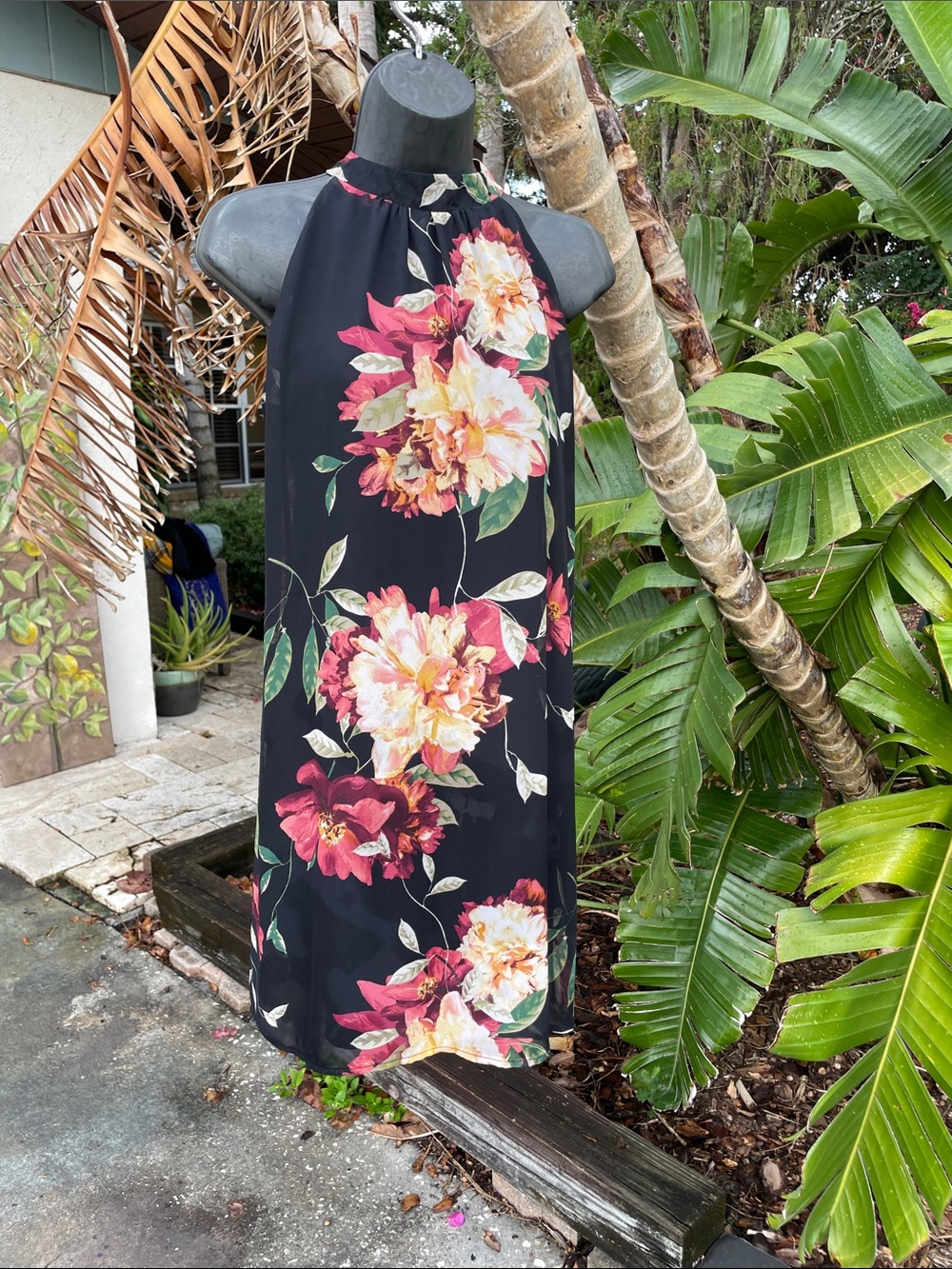papaya, dark floral halter look trapeze dress
